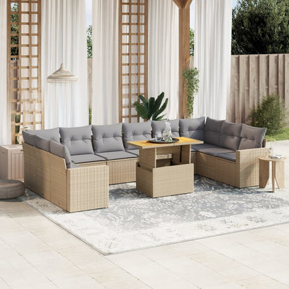 11-tlg. Garten-Sofagarnitur mit Kissen Beige Poly Rattan