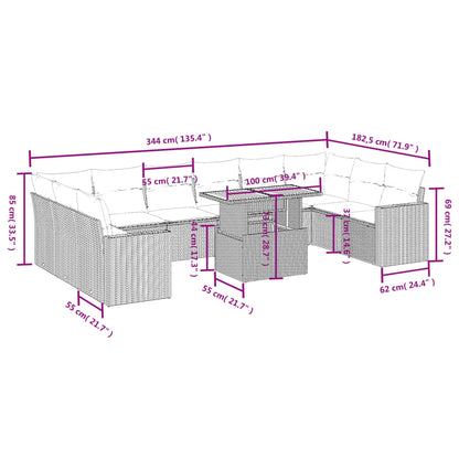 11-tlg. Garten-Sofagarnitur mit Kissen Grau Poly Rattan