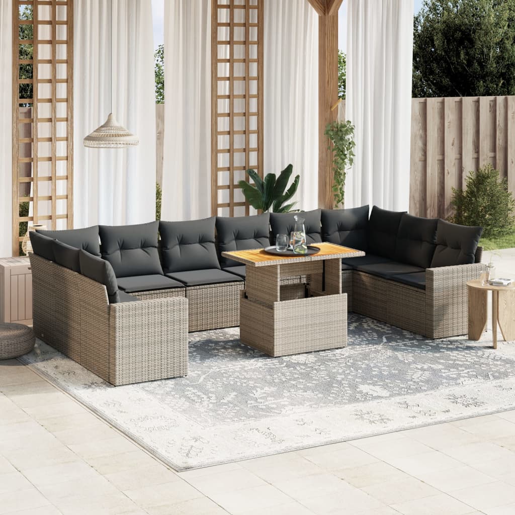 11-tlg. Garten-Sofagarnitur mit Kissen Grau Poly Rattan