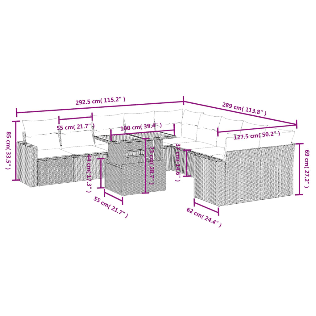 11-tlg. Garten-Sofagarnitur mit Kissen Schwarz Poly Rattan