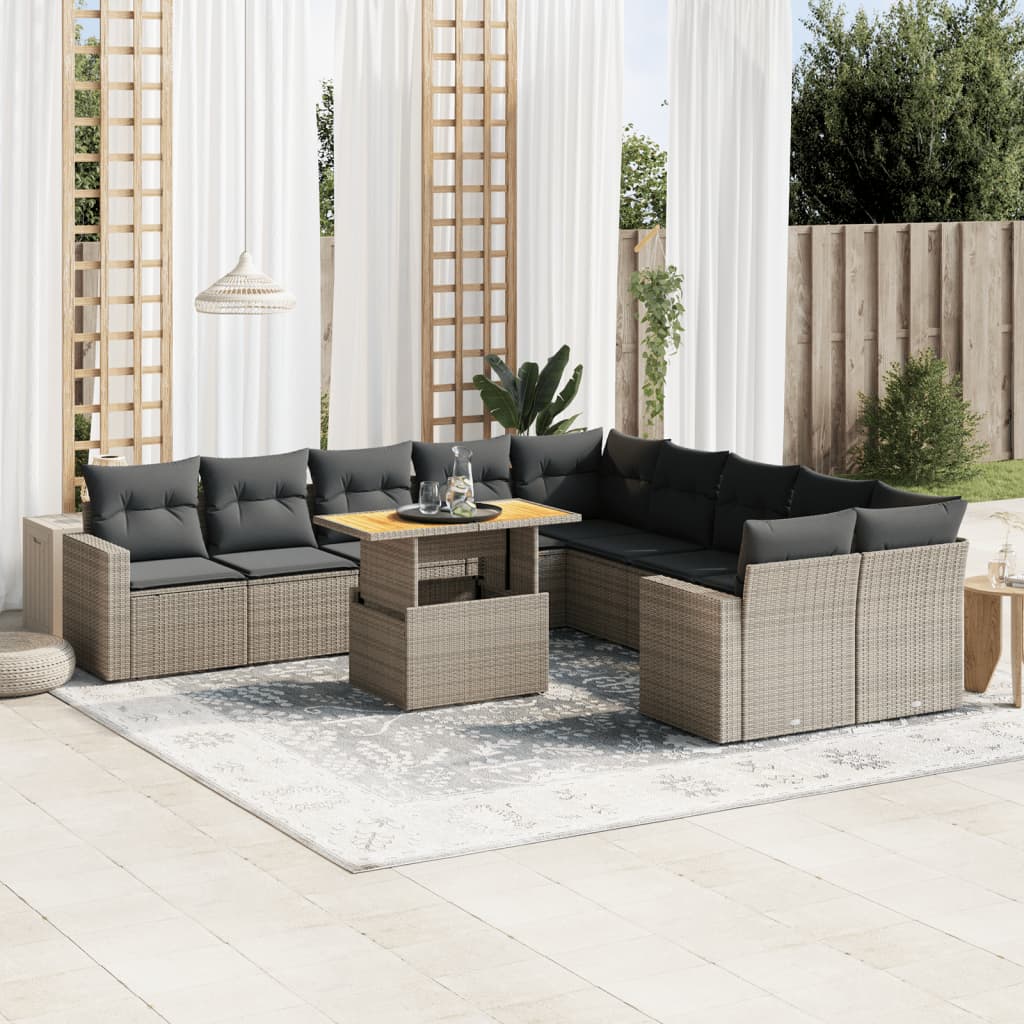 11-tlg. Garten-Sofagarnitur mit Kissen Grau Poly Rattan