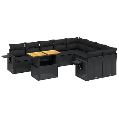 10-tlg. Garten-Sofagarnitur mit Kissen Schwarz Poly Rattan