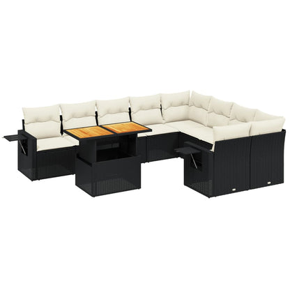 10-tlg. Garten-Sofagarnitur mit Kissen Schwarz Poly Rattan