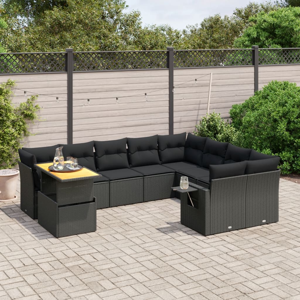 10-tlg. Garten-Sofagarnitur mit Kissen Schwarz Poly Rattan