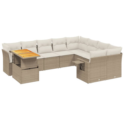 10-tlg. Garten-Sofagarnitur mit Kissen Beige Poly Rattan