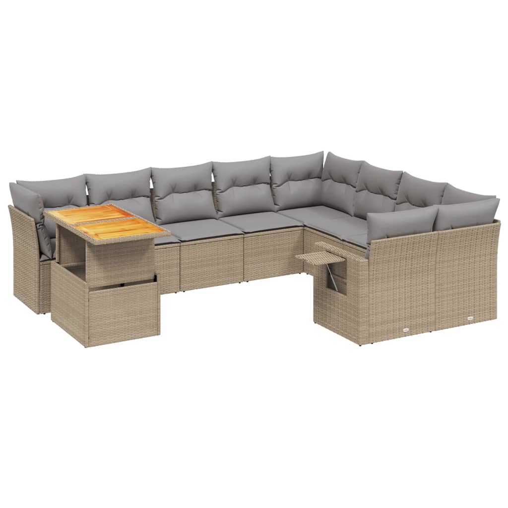 10-tlg. Garten-Sofagarnitur mit Kissen Beige Poly Rattan