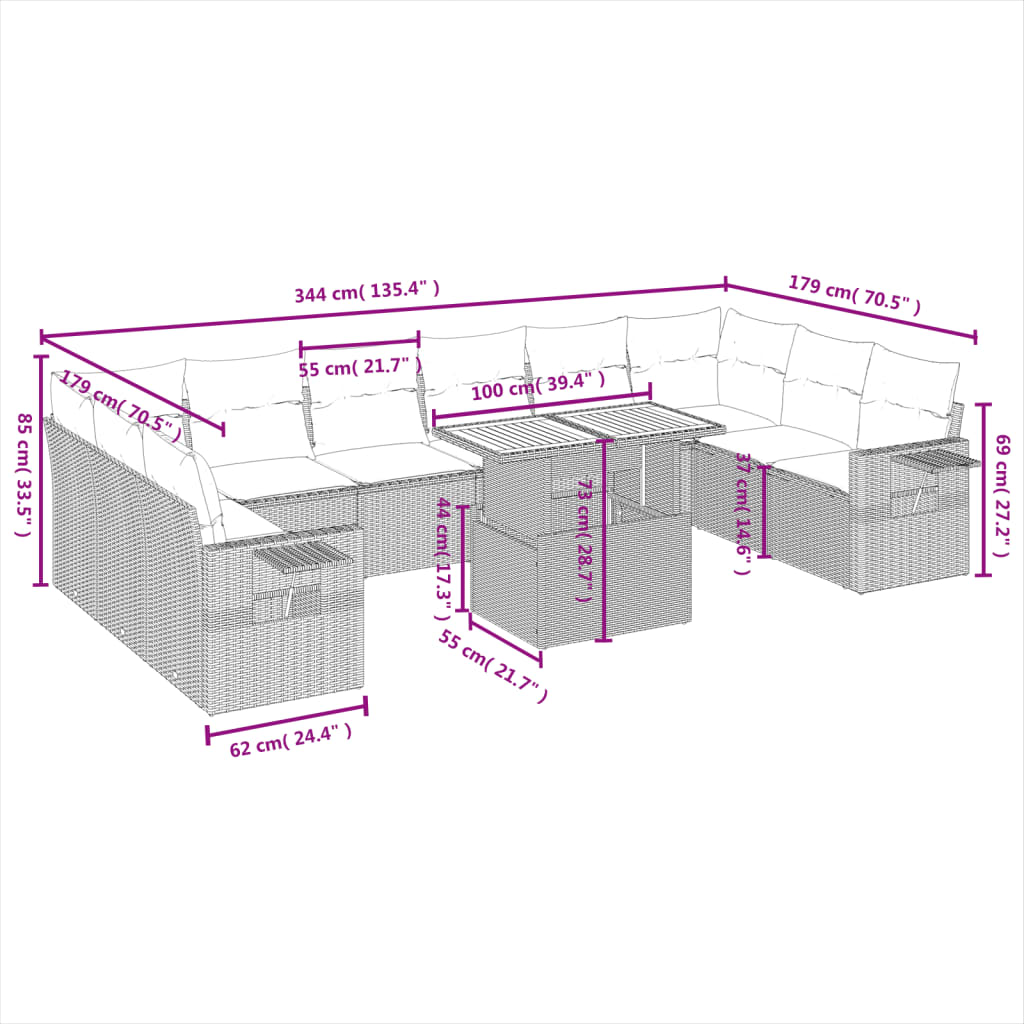 11-tlg. Garten-Sofagarnitur mit Kissen Schwarz Poly Rattan