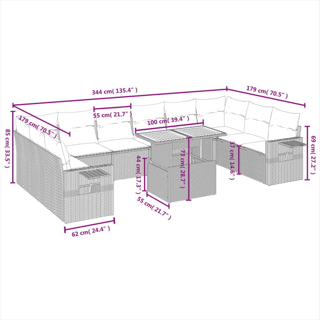 11-tlg. Garten-Sofagarnitur mit Kissen Grau Poly Rattan