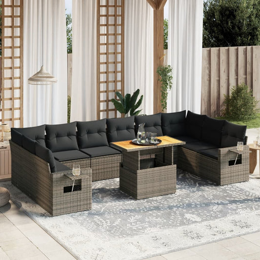 11-tlg. Garten-Sofagarnitur mit Kissen Grau Poly Rattan