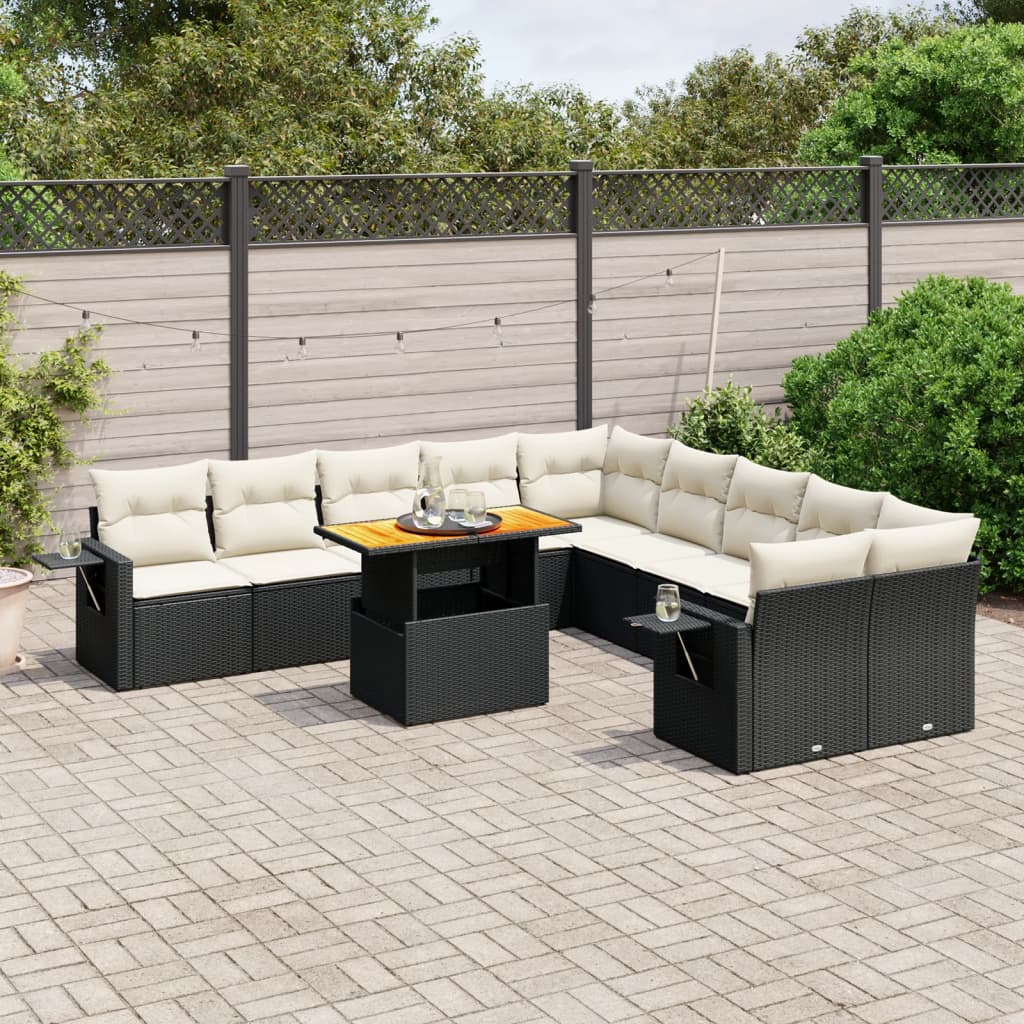 11-tlg. Garten-Sofagarnitur mit Kissen Schwarz Poly Rattan