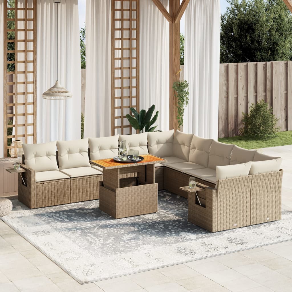 11-tlg. Garten-Sofagarnitur mit Kissen Beige Poly Rattan