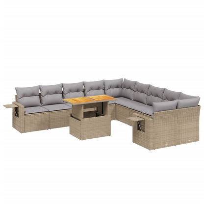 11-tlg. Garten-Sofagarnitur mit Kissen Beige Poly Rattan