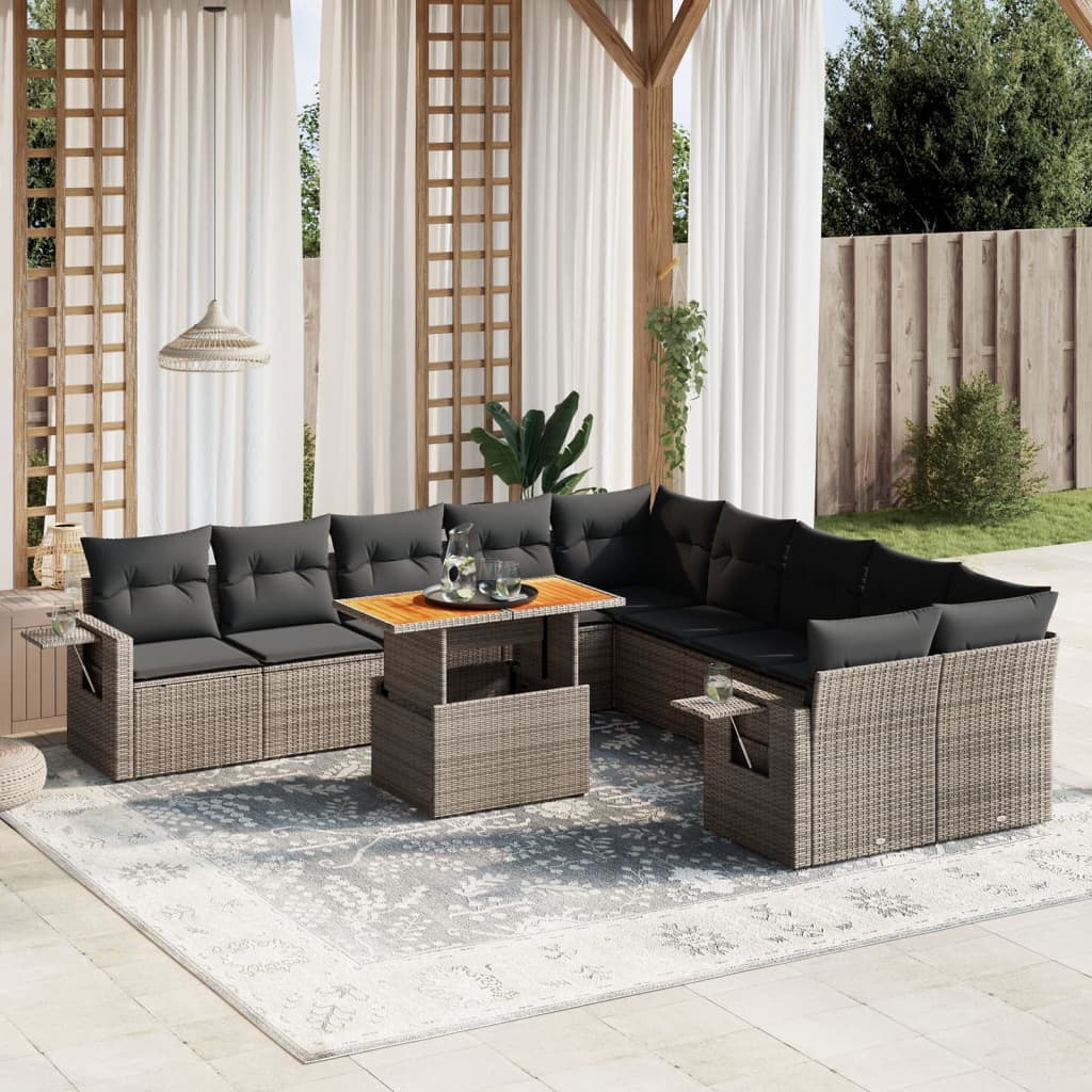 11-tlg. Garten-Sofagarnitur mit Kissen Grau Poly Rattan