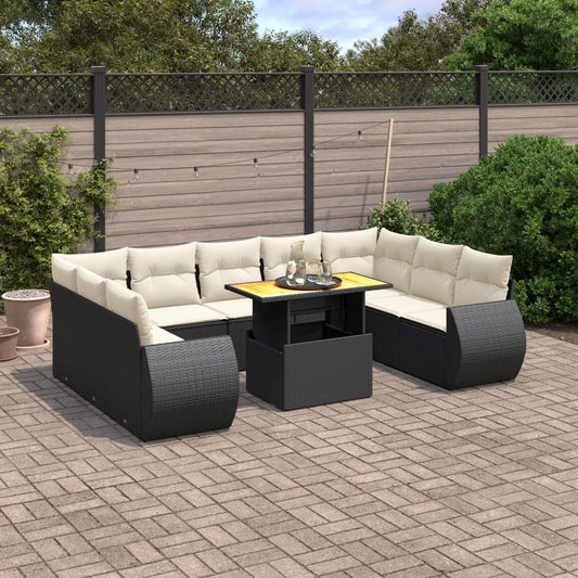 10-tlg. Garten-Sofagarnitur mit Kissen Schwarz Poly Rattan