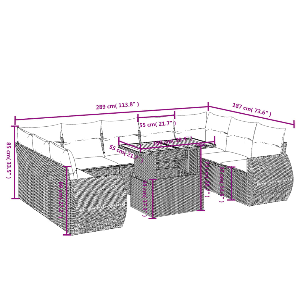 10-tlg. Garten-Sofagarnitur mit Kissen Grau Poly Rattan