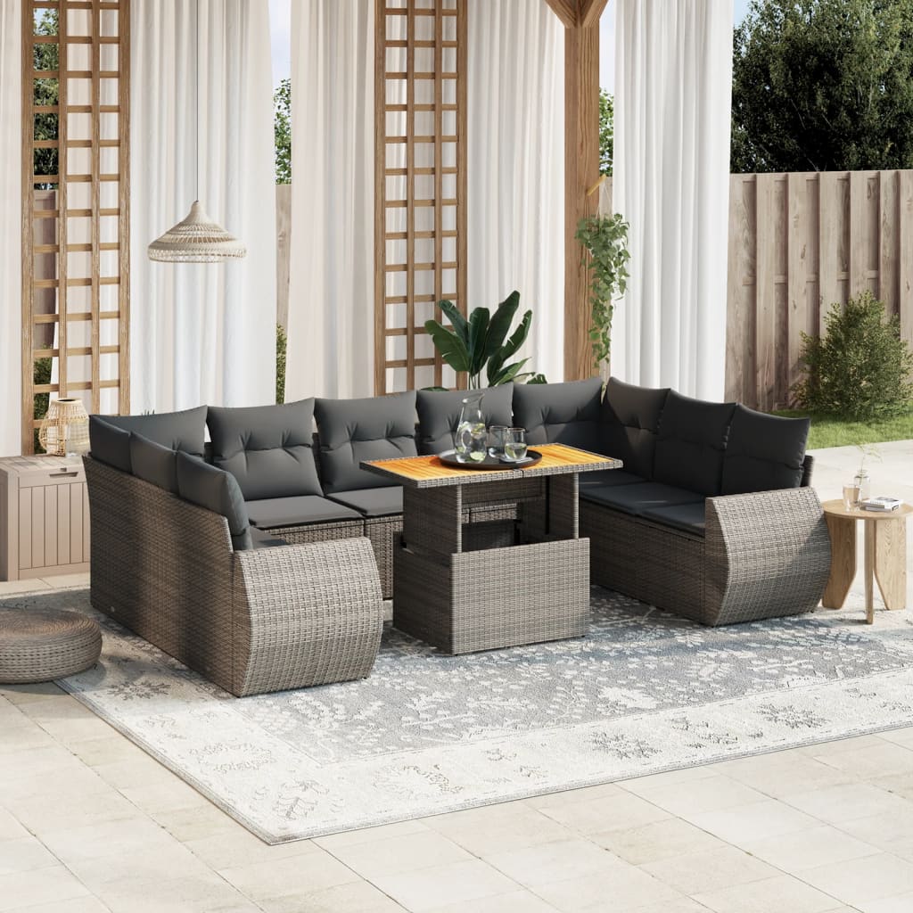 10-tlg. Garten-Sofagarnitur mit Kissen Grau Poly Rattan