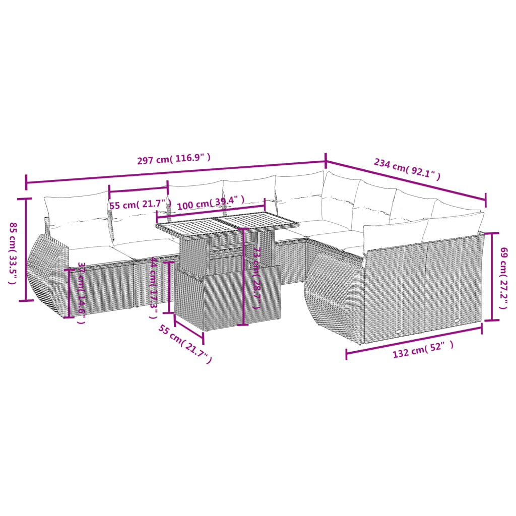 10-tlg. Garten-Sofagarnitur mit Kissen Schwarz Poly Rattan