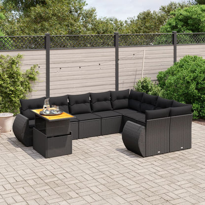 10-tlg. Garten-Sofagarnitur mit Kissen Schwarz Poly Rattan