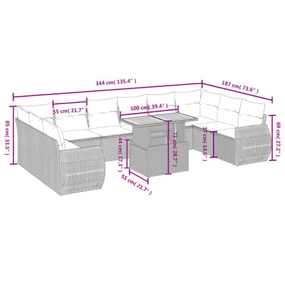 11-tlg. Garten-Sofagarnitur mit Kissen Beige Poly Rattan