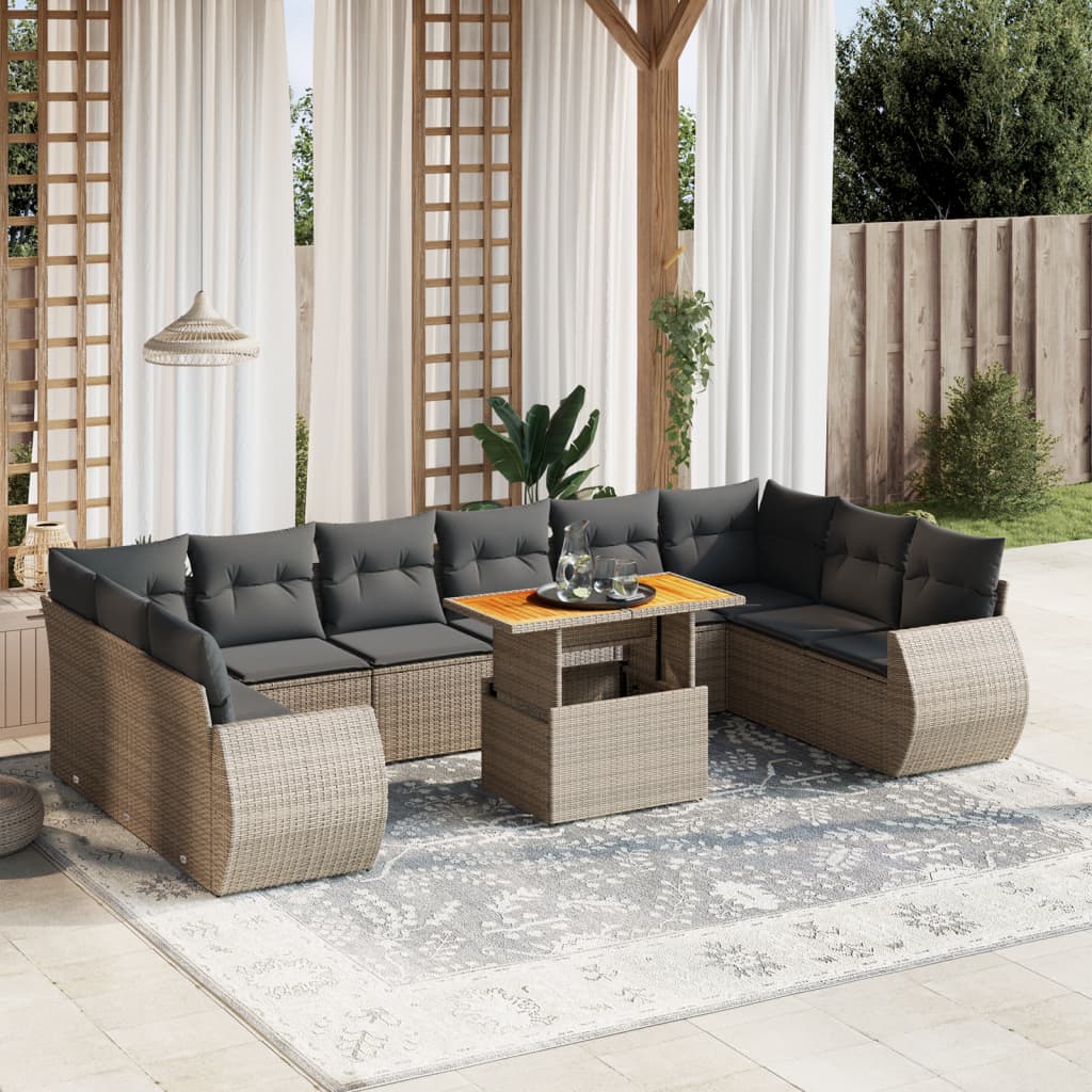 11-tlg. Garten-Sofagarnitur mit Kissen Grau Poly Rattan