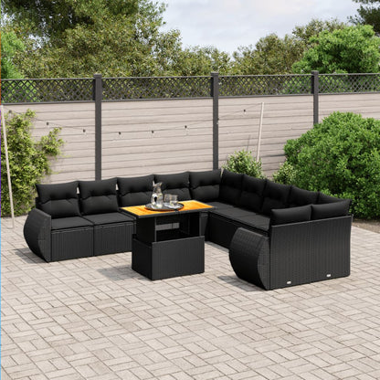 11-tlg. Garten-Sofagarnitur mit Kissen Schwarz Poly Rattan