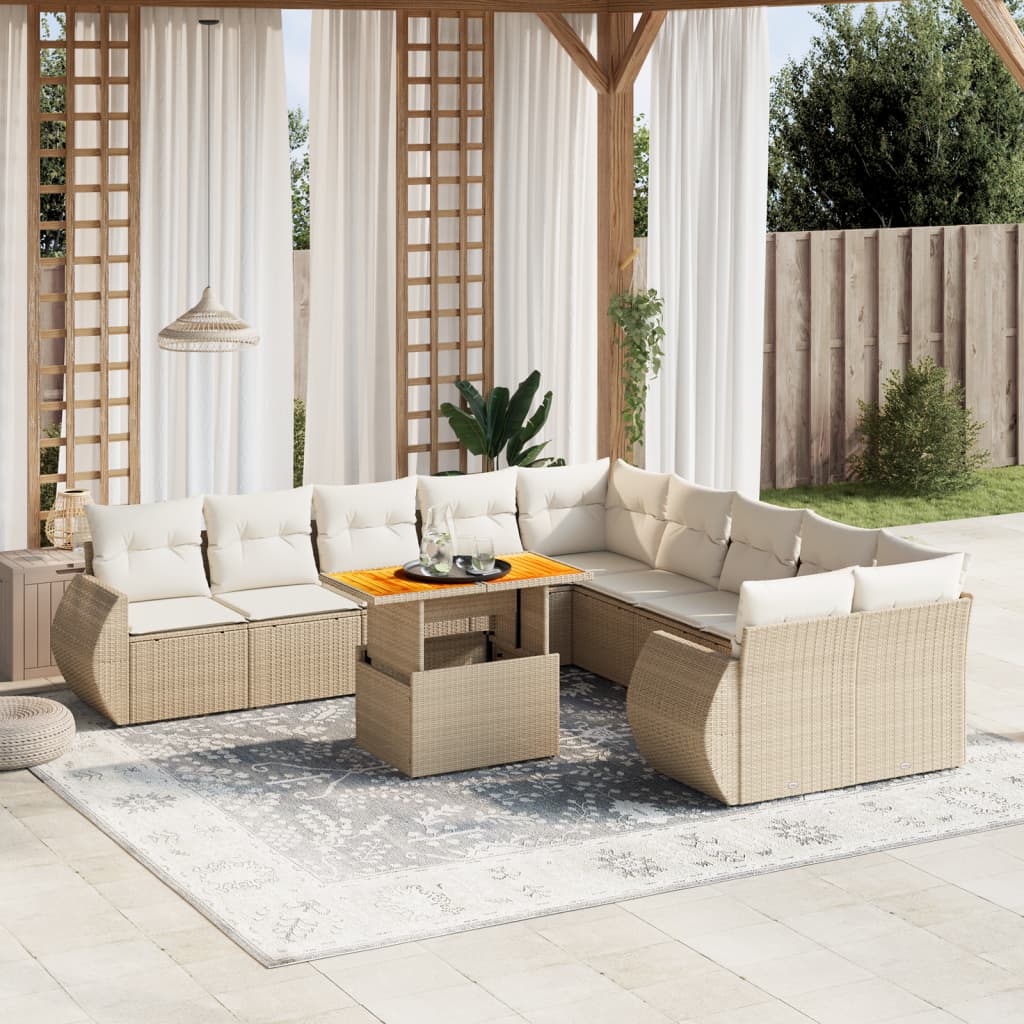 11-tlg. Garten-Sofagarnitur mit Kissen Beige Poly Rattan