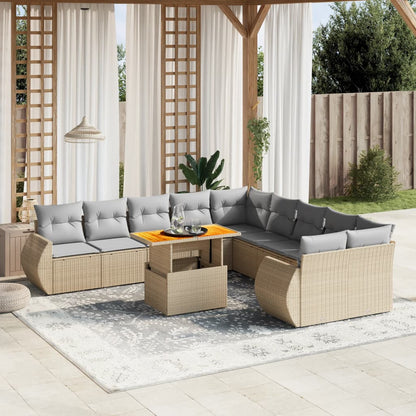 11-tlg. Garten-Sofagarnitur mit Kissen Beige Poly Rattan