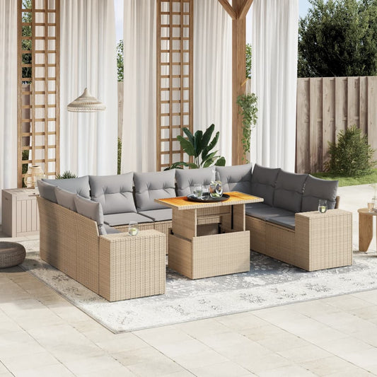 10-tlg. Garten-Sofagarnitur mit Kissen Beige Poly Rattan