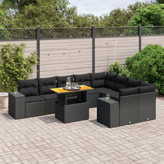 10-tlg. Garten-Sofagarnitur mit Kissen Schwarz Poly Rattan