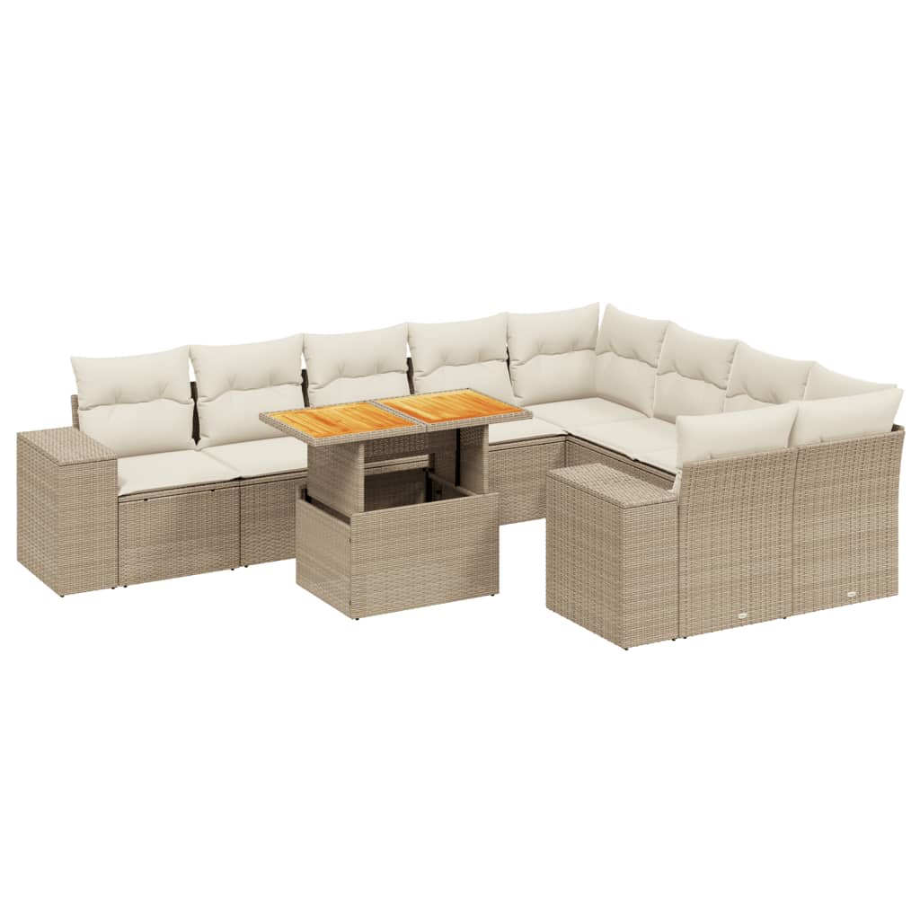 10-tlg. Garten-Sofagarnitur mit Kissen Beige Poly Rattan