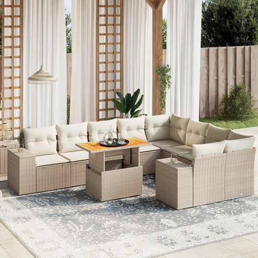 10-tlg. Garten-Sofagarnitur mit Kissen Beige Poly Rattan