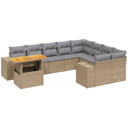 10-tlg. Garten-Sofagarnitur mit Kissen Beige Poly Rattan