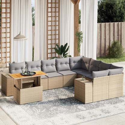 10-tlg. Garten-Sofagarnitur mit Kissen Beige Poly Rattan