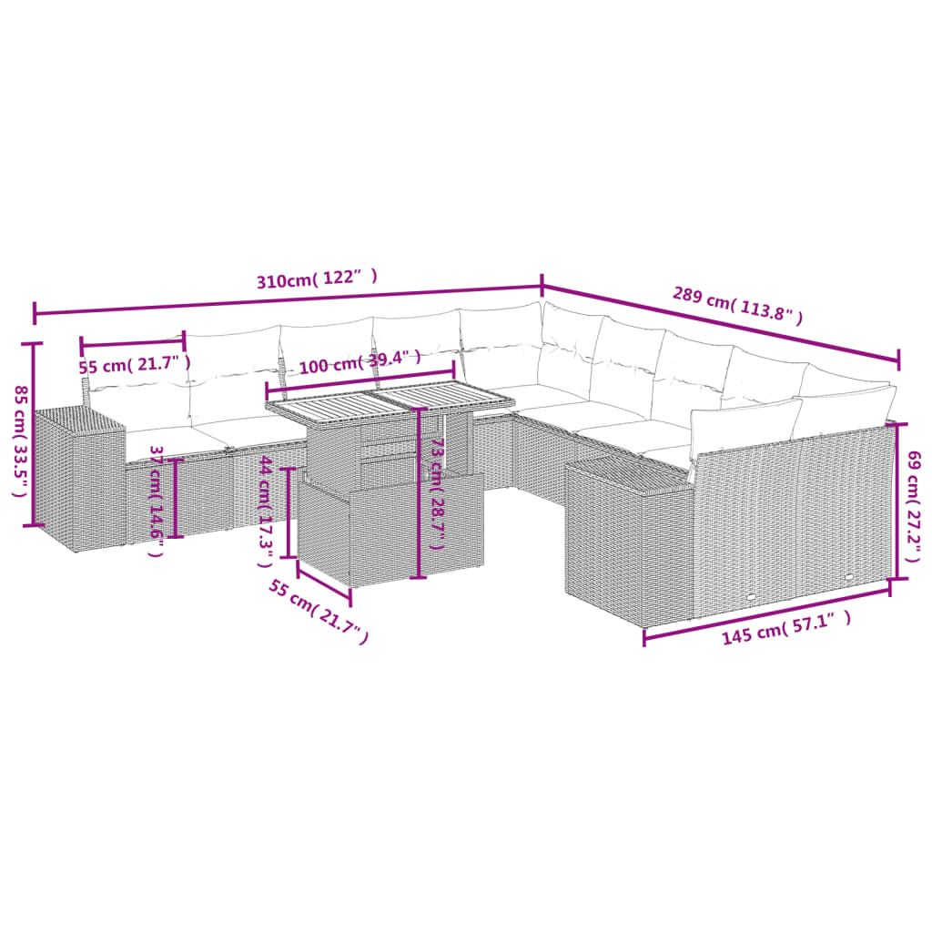 11-tlg. Garten-Sofagarnitur mit Kissen Schwarz Poly Rattan