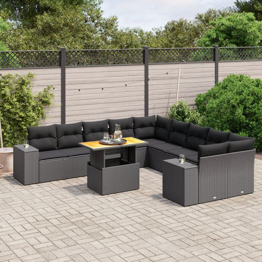 11-tlg. Garten-Sofagarnitur mit Kissen Schwarz Poly Rattan