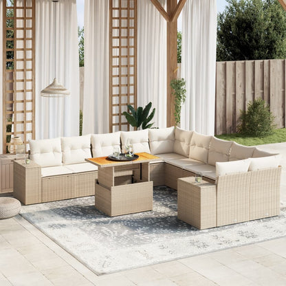 11-tlg. Garten-Sofagarnitur mit Kissen Beige Poly Rattan