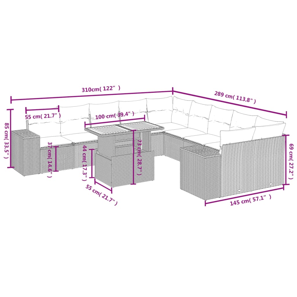 11-tlg. Garten-Sofagarnitur mit Kissen Grau Poly Rattan