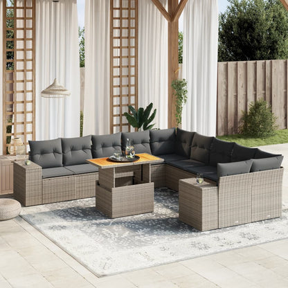 11-tlg. Garten-Sofagarnitur mit Kissen Grau Poly Rattan