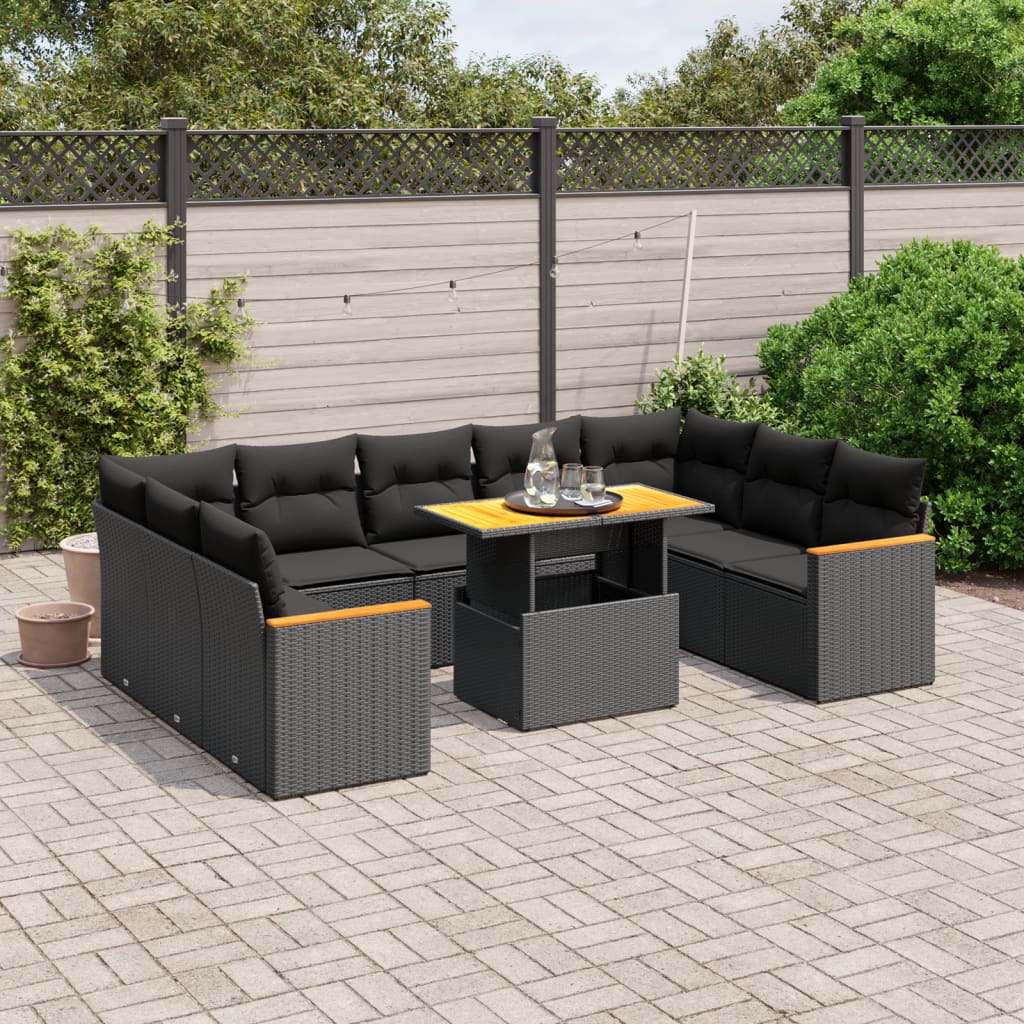 10-tlg. Garten-Sofagarnitur mit Kissen Schwarz Poly Rattan