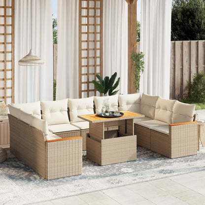 10-tlg. Garten-Sofagarnitur mit Kissen Beige Poly Rattan