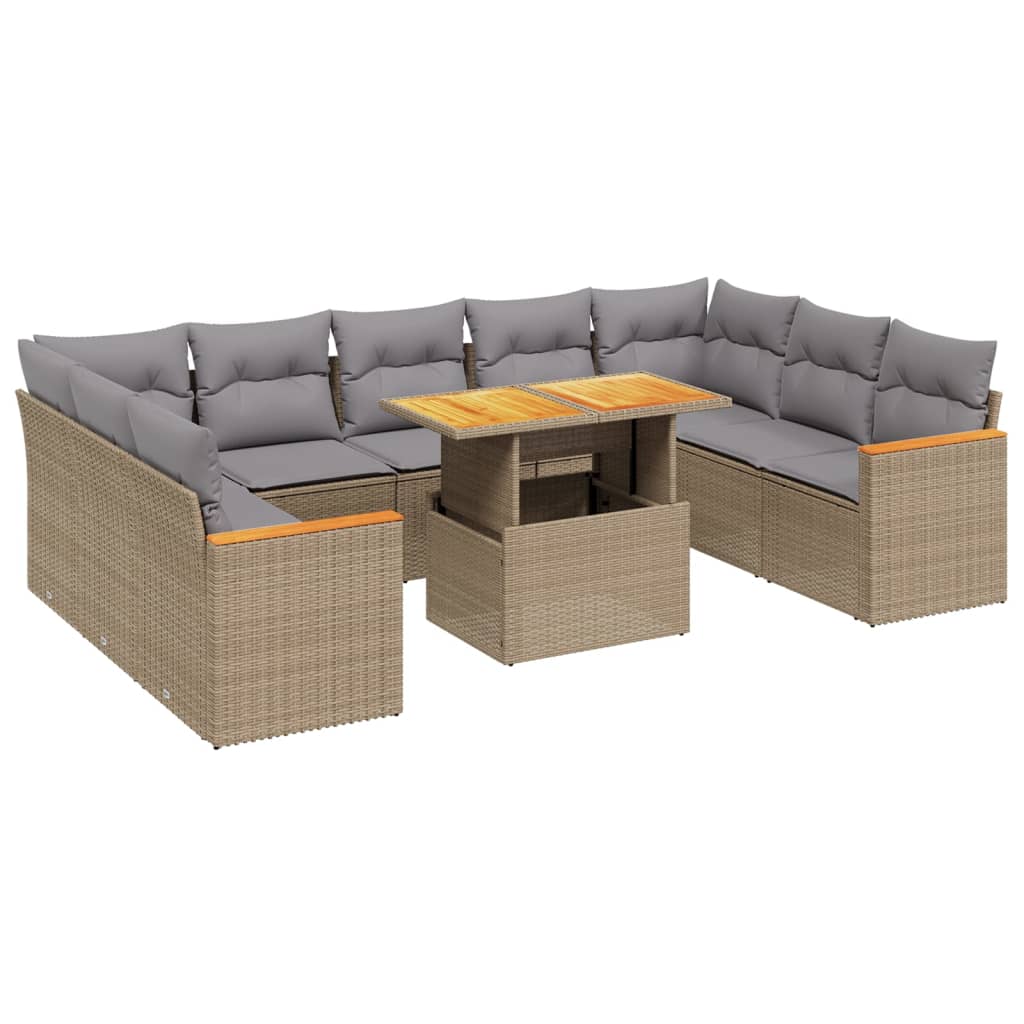 10-tlg. Garten-Sofagarnitur mit Kissen Beige Poly Rattan