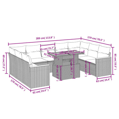 10-tlg. Garten-Sofagarnitur mit Kissen Grau Poly Rattan