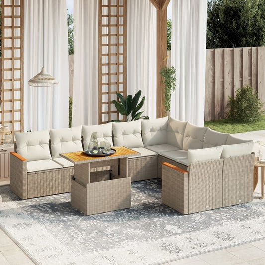 10-tlg. Garten-Sofagarnitur mit Kissen Beige Poly Rattan