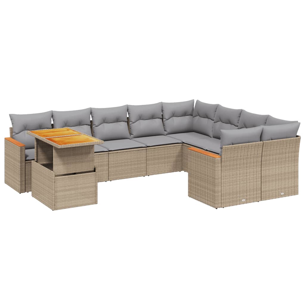 10-tlg. Garten-Sofagarnitur mit Kissen Beige Poly Rattan