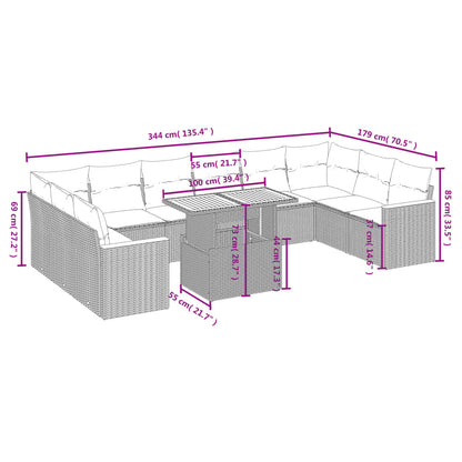 11-tlg. Garten-Sofagarnitur mit Kissen Beige Poly Rattan