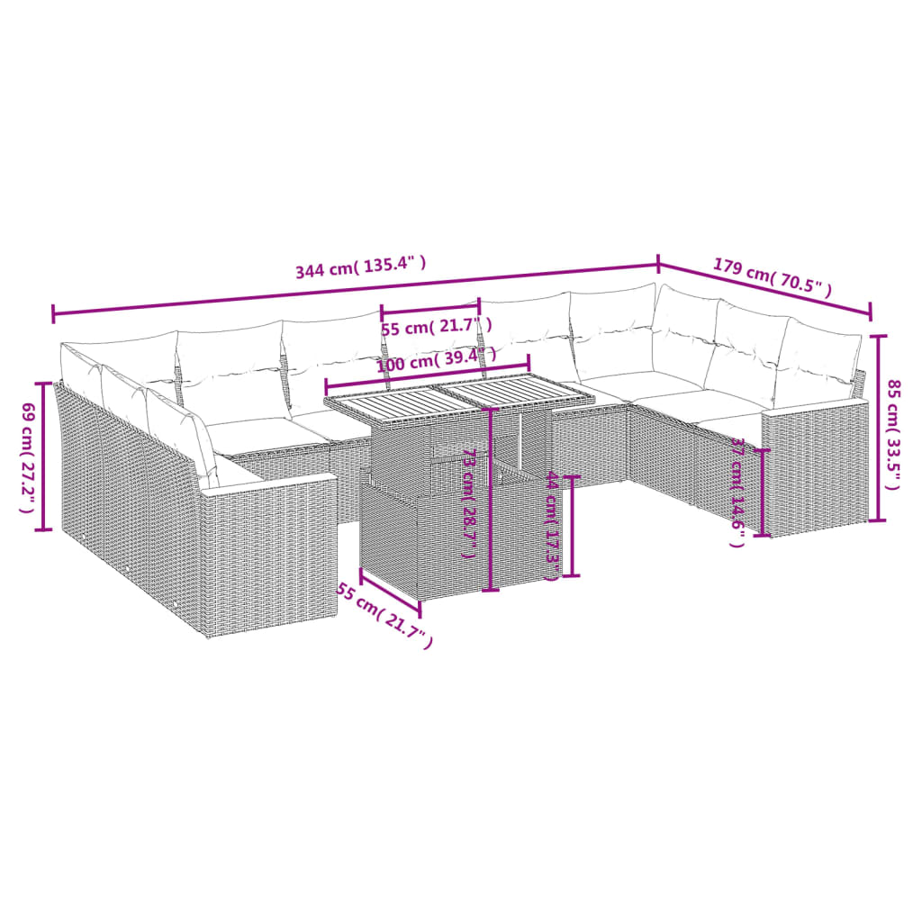 11-tlg. Garten-Sofagarnitur mit Kissen Grau Poly Rattan