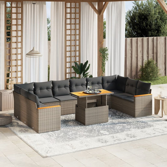 11-tlg. Garten-Sofagarnitur mit Kissen Grau Poly Rattan