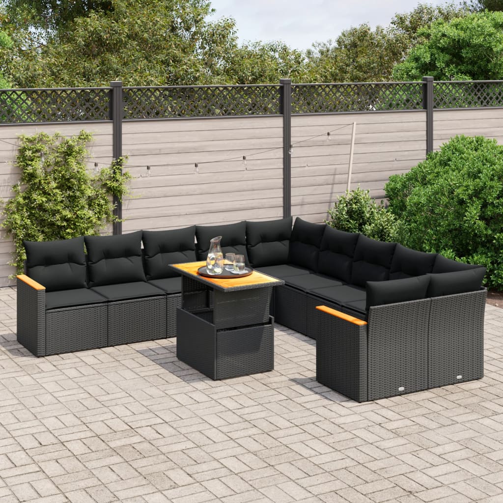 11-tlg. Garten-Sofagarnitur mit Kissen Schwarz Poly Rattan