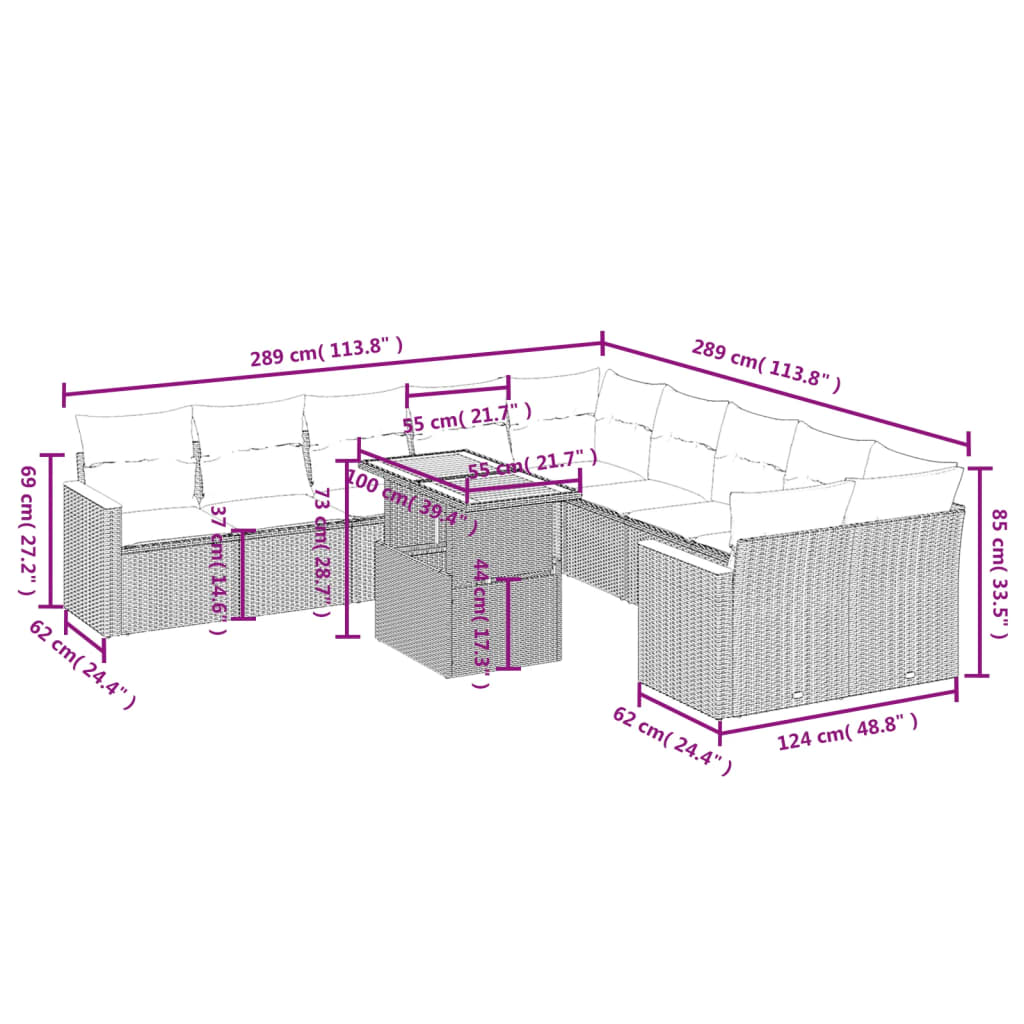 11-tlg. Garten-Sofagarnitur mit Kissen Schwarz Poly Rattan