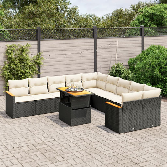 11-tlg. Garten-Sofagarnitur mit Kissen Schwarz Poly Rattan